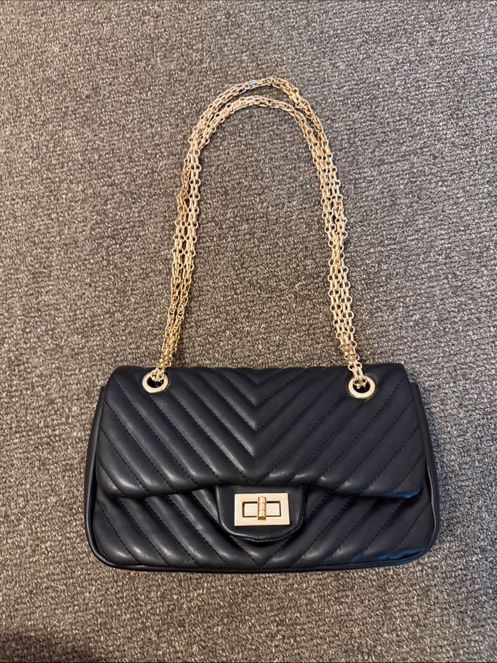 Quilted Chain-Handle Shoulder Bag in Black with Gold Hardware